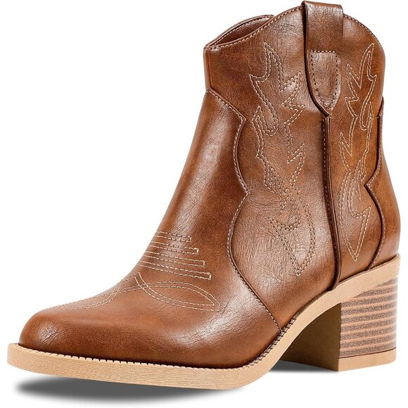 Women Polyurethane Dark Brown Embroidered Round Toe Short Ankle Chunky Heel Boot - Picture 1 of 5